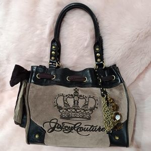 Juicy Couture Brown Crown Velour Bag Purse Daydreamer Vintage Bow Ribbon Charm